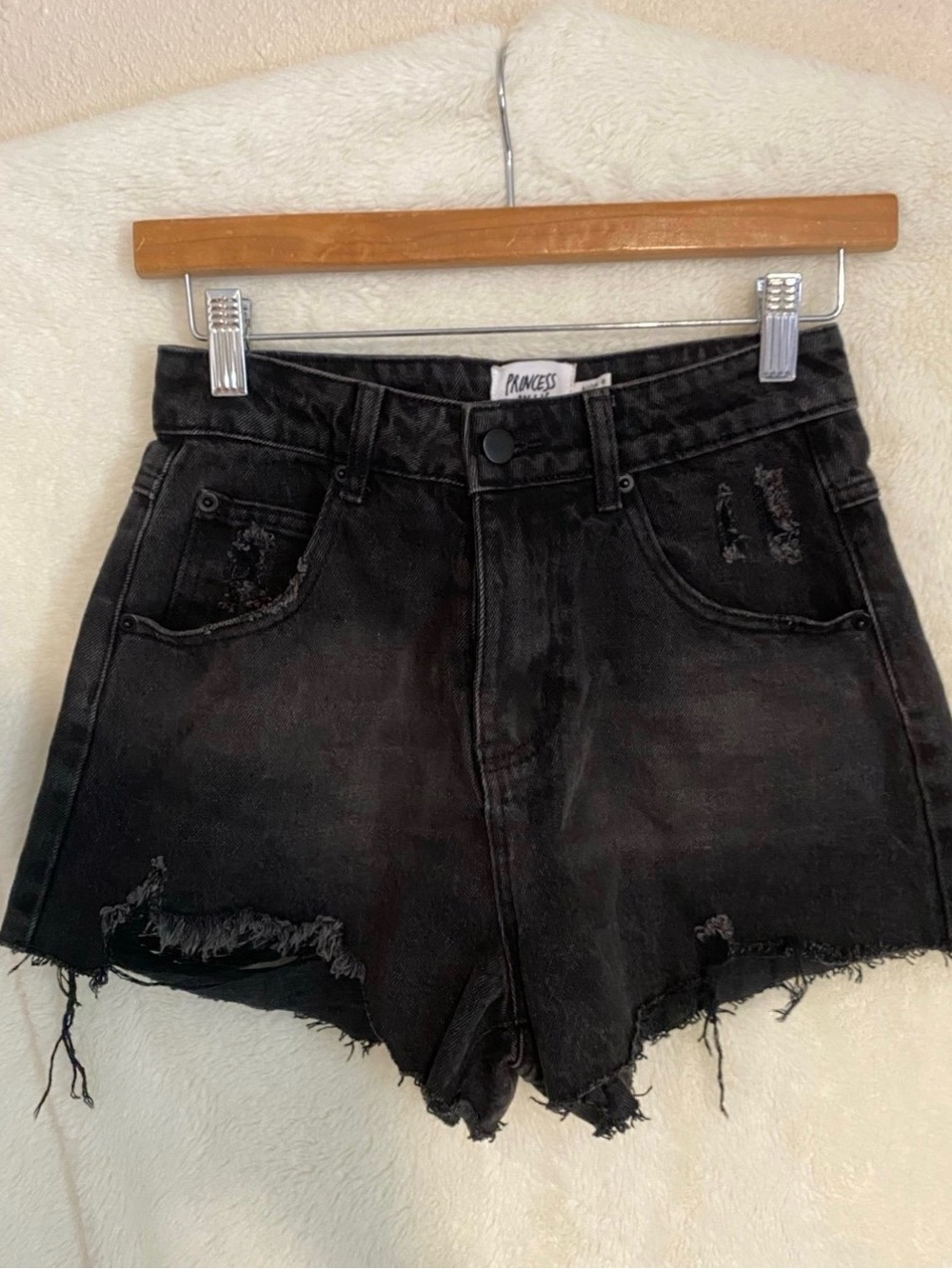 Princess Polly Black Distressed High-Rise Denim Shorts